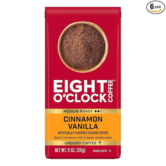 Eight O' Clock Coffee Cinnamon Vanilla, 11 Ounce (Pack of 6), Medium Roast Ground Coffee, 100% Arabica, Creamy, Smooth, Vanilla