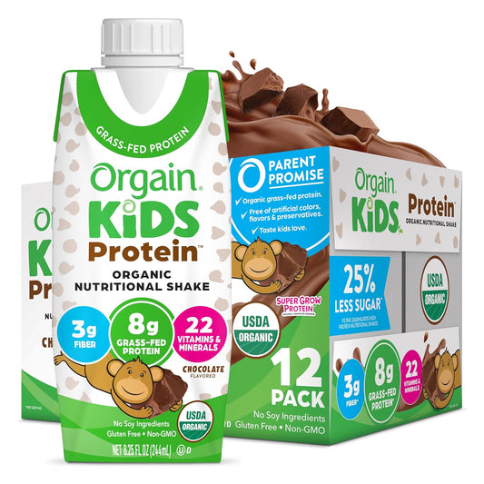 Orgain Organic Kids Nutritional Protein Shake, Chocolate - Kids Snacks with 8g Dairy Protein, 22 Vitamins & Minerals, Fruits & Vegetables, Gluten Free, Soy Free, Non-GMO, 8.25 Fl Oz (Pack of 12)