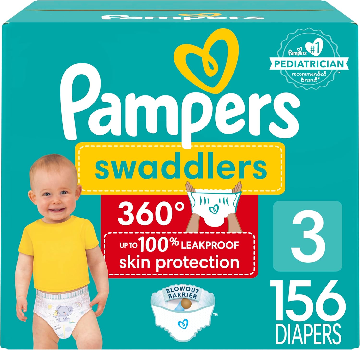 Pampers Swaddlers 360 Pull-On Diapers, Size 3, 156 Count, One Month Supply, for up to 100% Leakproof Skin Protection and Easy Changes