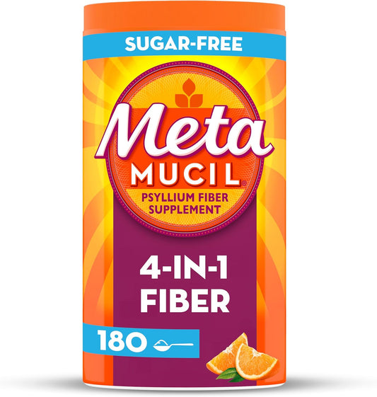 Metamucil 4-in-1 Fiber Supplement for Digestive Health, Psyllium Husk Fiber Powder, Sugar-Free Fiber Supplement, Orange Flavored, 180 teaspoons
