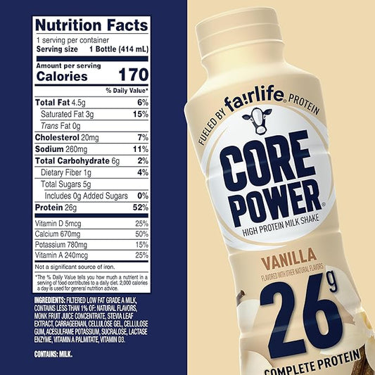 Core Power Protein Shake, Vanilla, 26g Bottle, 14oz, 12 Pack