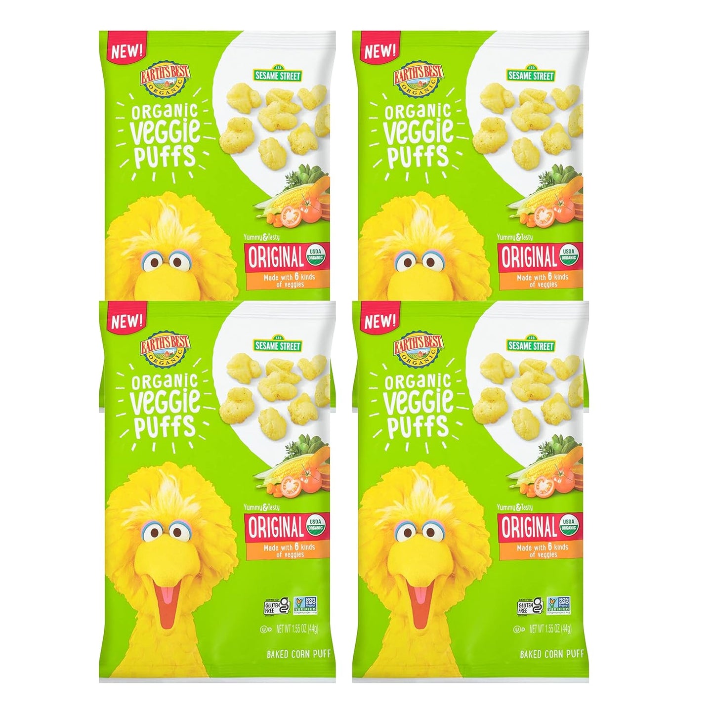 Earth's Best Organic Kids Snacks, Sesame Street Toddler Snacks, Organic Veggie Puffs, Gluten Free Snacks for Kids 2 Years and Older, Original, 1.55 oz...