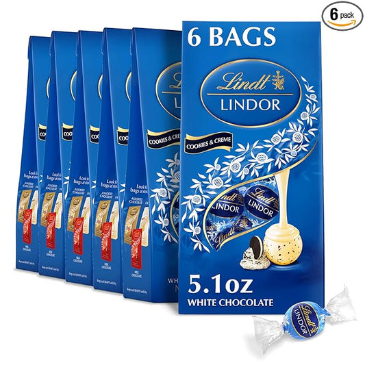 Lindt LINDOR Cookies and Creme White Chocolate Candy Truffles, Chocolates with Smooth, Melting Truffle Center, 5.1 oz. Bag (6 Pack)