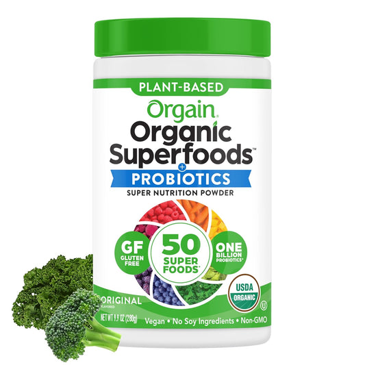 Orgain Organic Greens Powder + 50 Superfoods, Original - 1 Billion Probiotics for Digestive Health, Antioxidants, Vegan, Plant-Based, Gluten-Free, Non-GMO,...