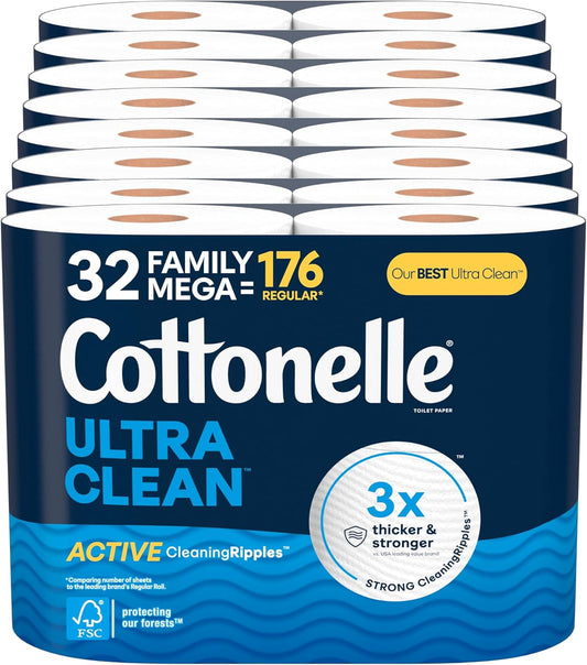 Cottonelle Ultra Clean Toilet Paper with Active CleaningRipples Texture, 32 Family Mega Rolls (32 Family Mega Rolls = 176 Regular Rolls) (8 Packs of 4), 353...