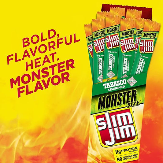 Slim Jim Monster Smoked Meat Sticks, Tabasco Flavor, High Protein, Stocking Stuffer, 1.94 oz. (18 Count)