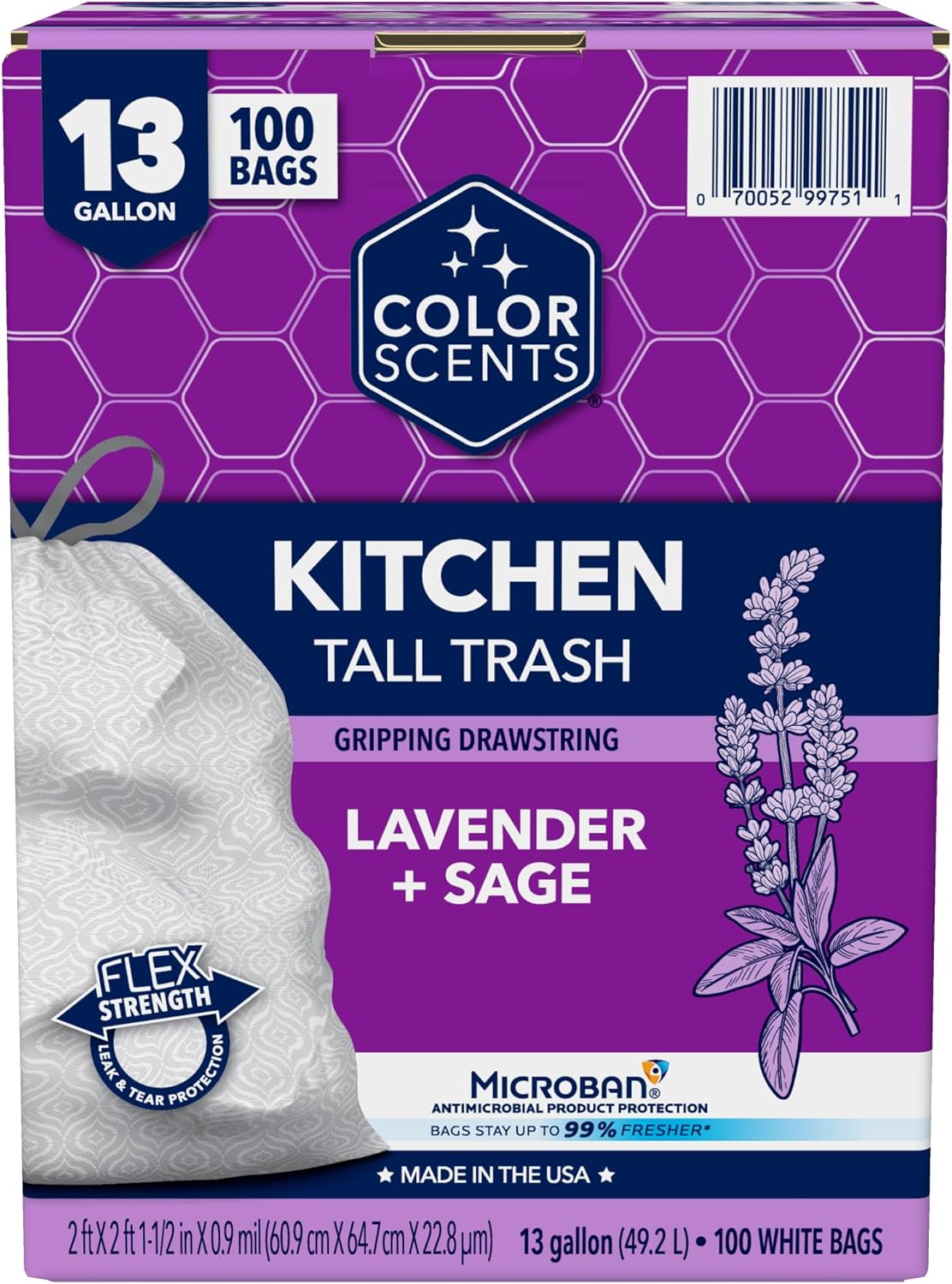 Color Scents Tall Kitchen Trash Bags - 13 Gallon, 100 Total Bags (1 Pack of 100 Count), Drawstring - White bag in Lavender + Sage Scent with Microban