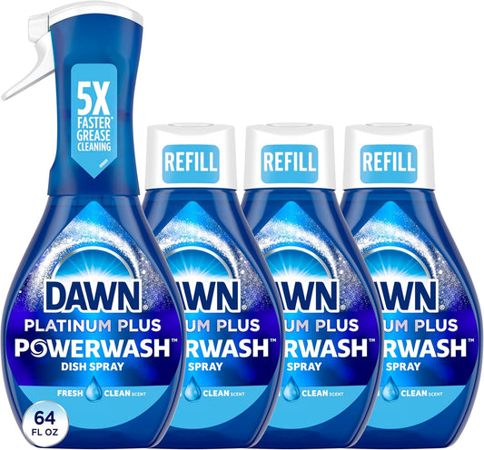 Dawn Platinum Powerwash Dish Spray, Dish Soap, Fresh Scent Bundle, 1 Spray (16oz) + 3 Refills (16oz each)(Pack of 4)