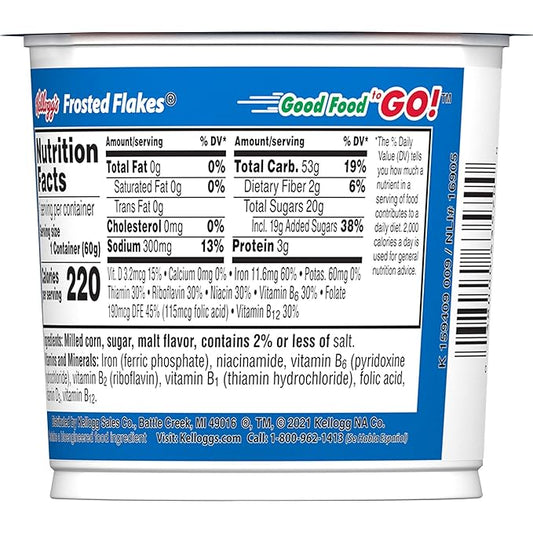 Kellogg's Frosted Flakes Breakfast Cereal Cups, Good Source of 8 Vitamins and Minerals, Original, 7.87lb Case (60 Cups)