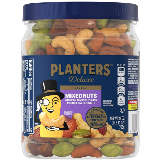 PLANTERS Deluxe Mixed Nuts, Cashews, Almonds, Pecans, Pistachios, Hazelnuts, Roasted with Sea Salt, Party Snacks, Plant-Based Protein, Quick Snack for...