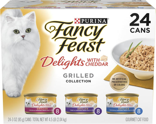 Purina Fancy Feast Delights with Cheddar Grilled Chicken, Turkey or Whitefish and Cheddar Cheese Feast in Gravy Wet Cat Food Variety Pack - (Pack of 24) 3...
