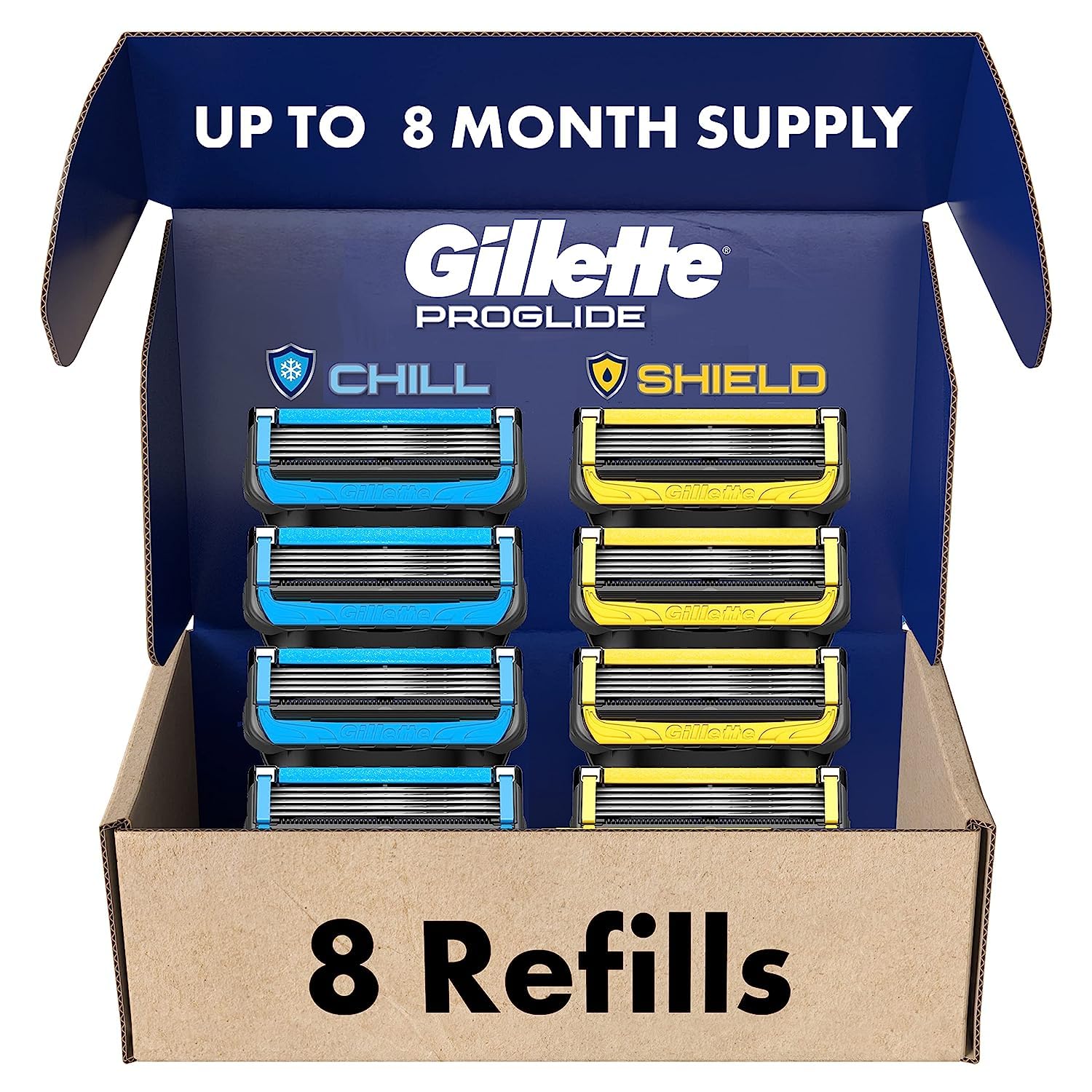 Gillette Mens Razor Blade Refills, 4 ProGlide Chill Cartridges, 4 ProGlide Shield Cartridges, Shields against Skin Irritation, Cools to sooth skin, 8 Count...