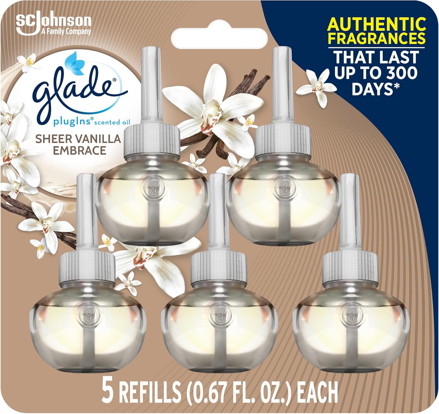 Glade PlugIns Refills Air Freshener, Scented and Essential Oils for Home and Bathroom, Sheer Vanilla Embrace, 3.35 Fl Oz, 5 Count