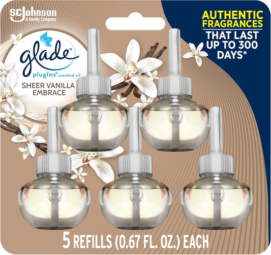 Glade PlugIns Refills Air Freshener, Scented and Essential Oils for Home and Bathroom, Sheer Vanilla Embrace, 3.35 Fl Oz, 5 Count