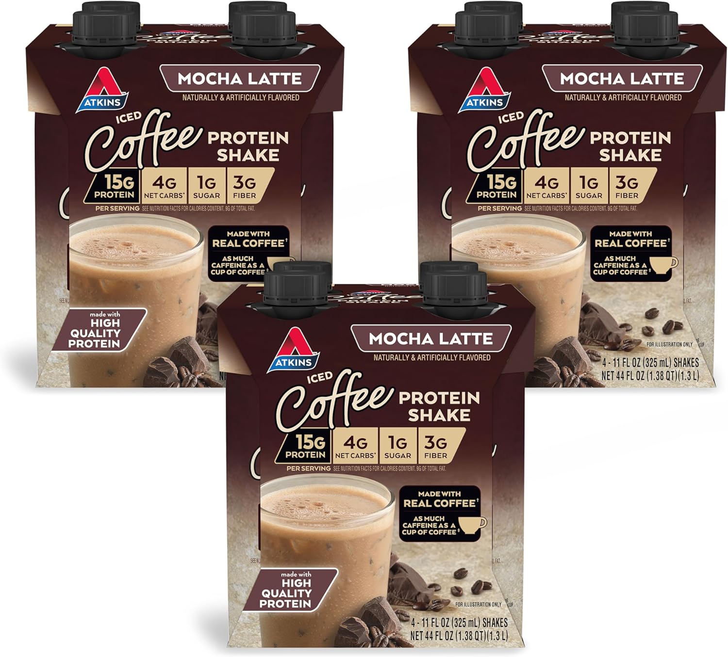 Atkins Mocha Latte Iced Coffee Protein Shake, 15g Protein, Low Glycemic, 4g Net Carb, 1g Sugar, Keto Friendly