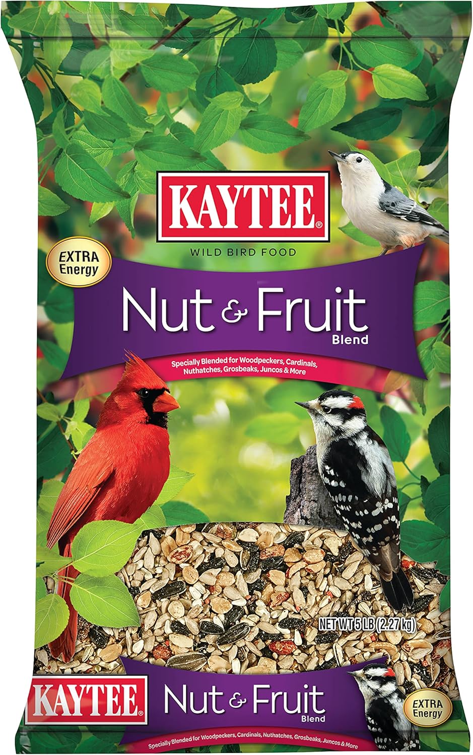 Kaytee Wild Bird Food Nut & Fruit Seed Blend For Cardinals, Chickadees, Nuthatches, Woodpeckers and Other Colorful Songbirds, 5 Pounds