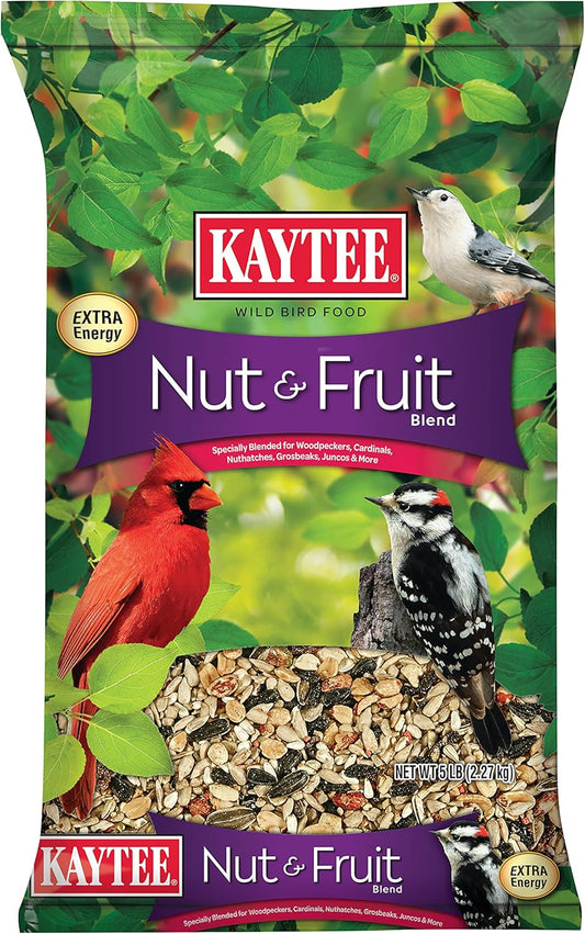 Kaytee Wild Bird Food Nut & Fruit Seed Blend For Cardinals, Chickadees, Nuthatches, Woodpeckers and Other Colorful Songbirds, 5 Pounds