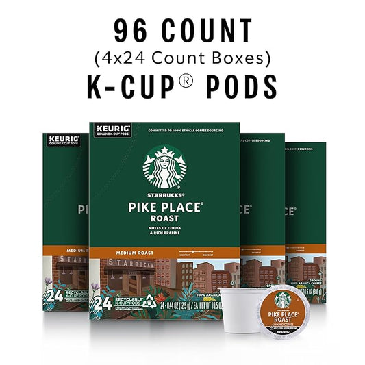 Starbucks K-Cup Coffee Pods, Medium Roast Hot or Iced Coffee, Pike Place Roast, 96 Keurig Pods _