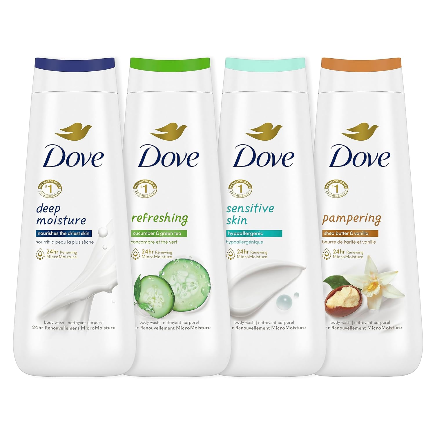 Dove Body Wash Deep Moisture, Sensitive Skin, Cucumber and Green Tea, and Shea Butter & Vanilla Collection 4 Count Skin Cleanser with 24hr Renewing...