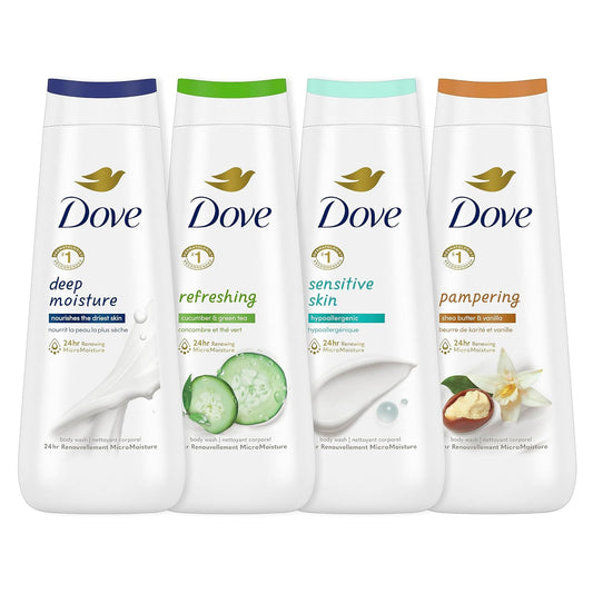 Dove Body Wash Deep Moisture, Sensitive Skin, Cucumber and Green Tea, and Shea Butter & Vanilla Collection 4 Count Skin Cleanser with 24hr Renewing...