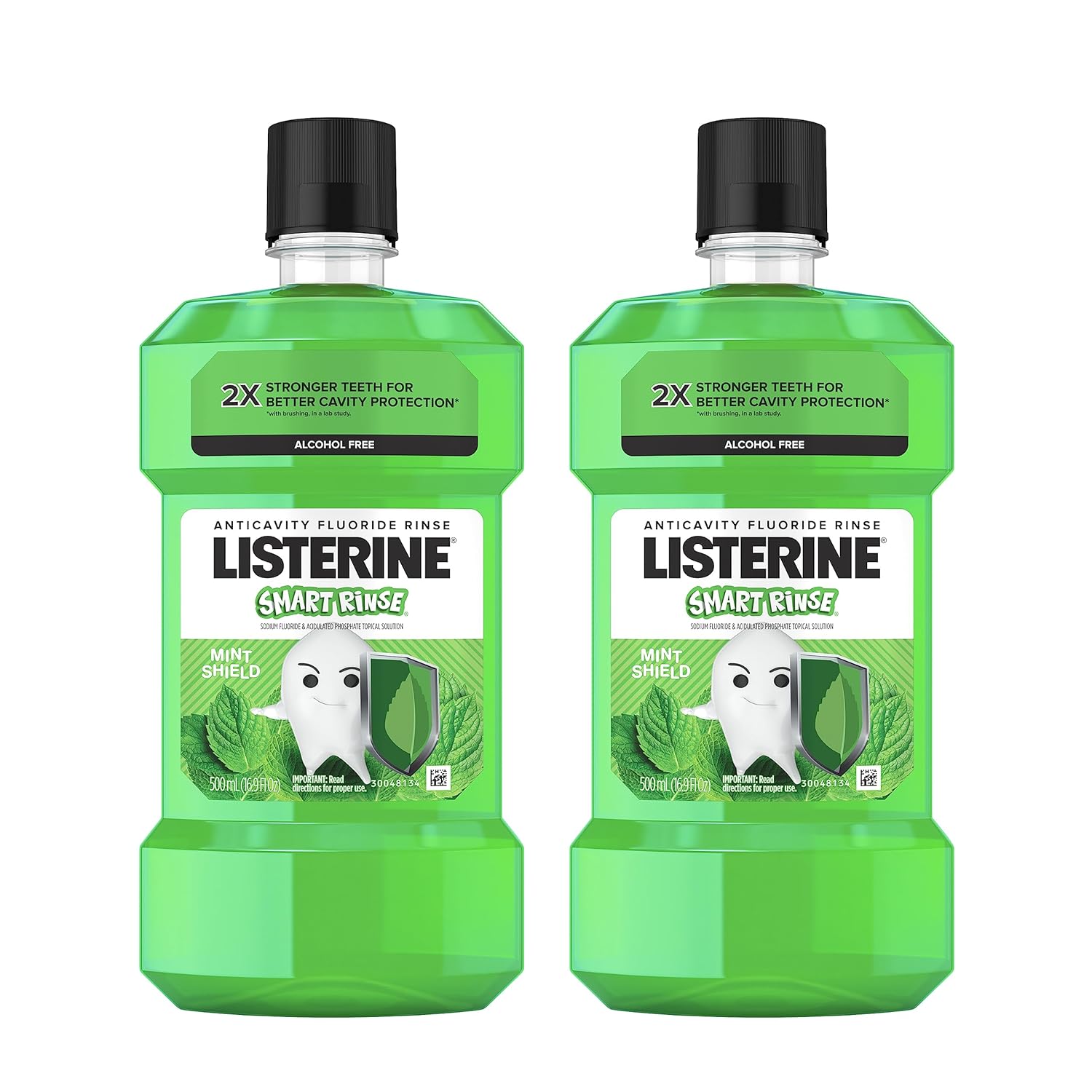 Listerine Alcohol-Free Kids Mouthwash, ADA Accepted with Sodium Fluoride for Cavity Protection, Mint Shield Flavor, 2 x 500 mL