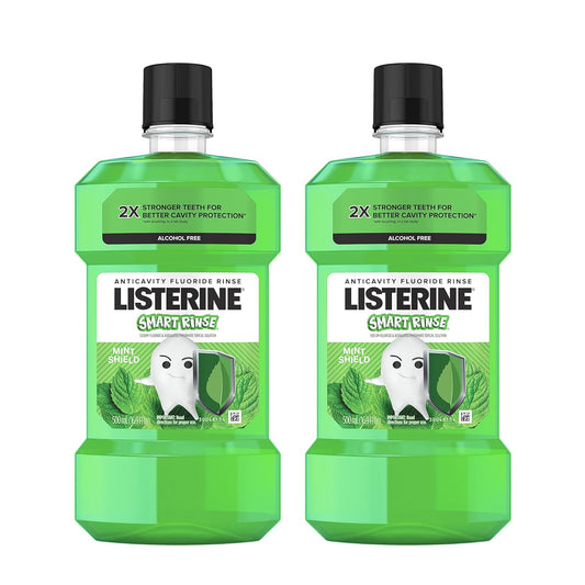 Listerine Alcohol-Free Kids Mouthwash, ADA Accepted with Sodium Fluoride for Cavity Protection, Mint Shield Flavor, 2 x 500 mL