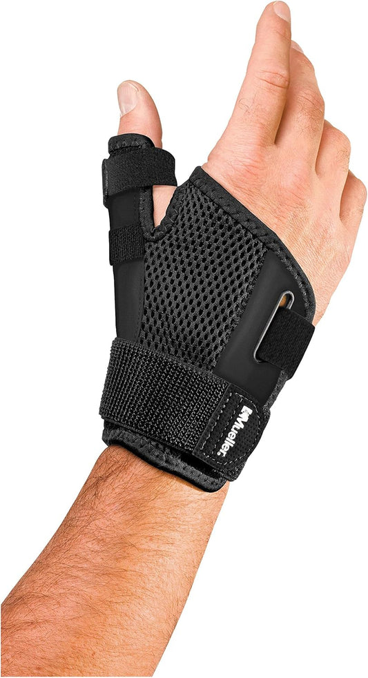 Mueller Adjust-to-Fit Thumb Stabilizer - Unisex, Black, One Size Fits Most, Ideal for De Quervains Tenosynovitis Brace, Thumb Brace for Arthritis Pain and Support, Can be Worn on Both Hands
