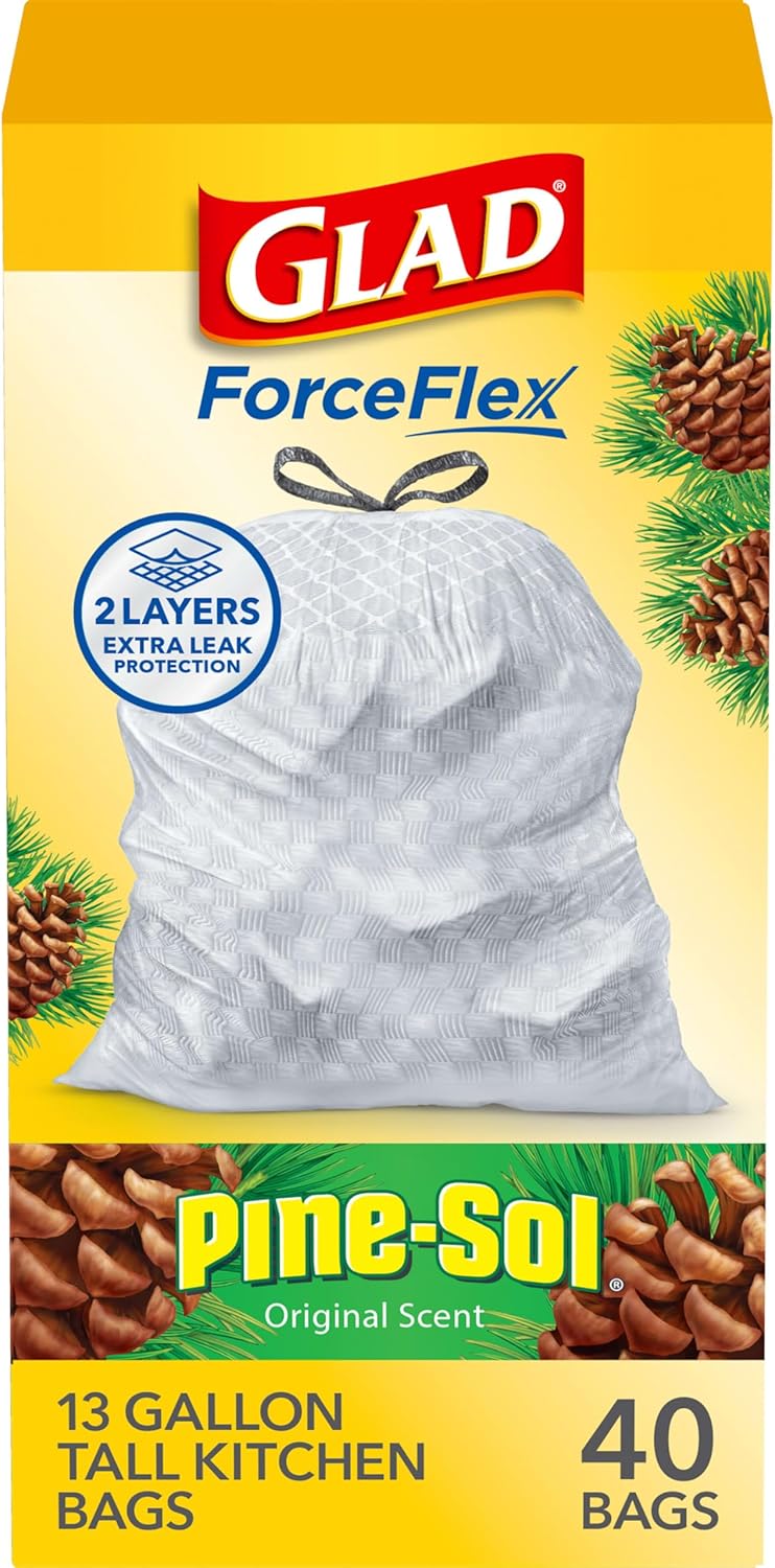 Glad Trash Bags, ForceFlex Tall Kitchen Drawstring Garbage Bags, 13 Gal, Pine-Sol Original, 40 Ct, Pack May Vary