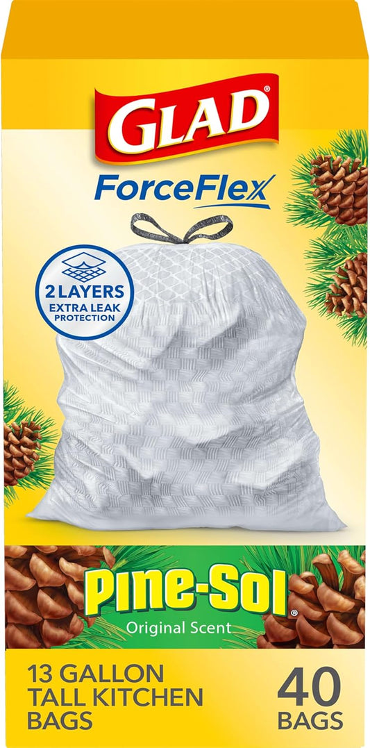 Glad Trash Bags, ForceFlex Tall Kitchen Drawstring Garbage Bags, 13 Gal, Pine-Sol Original, 40 Ct, Pack May Vary