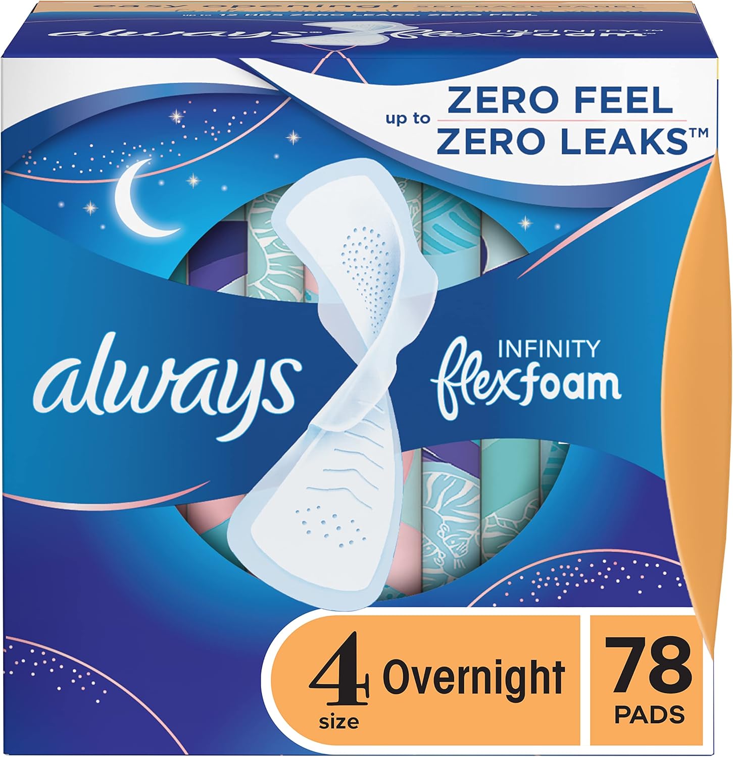 Always Infinity Feminine Pads For Women, Size 4 Overnight Absorbency, Multipack, With Flexfoam, With Wings, Unscented, 26 Count x 3 Packs (78 Count total