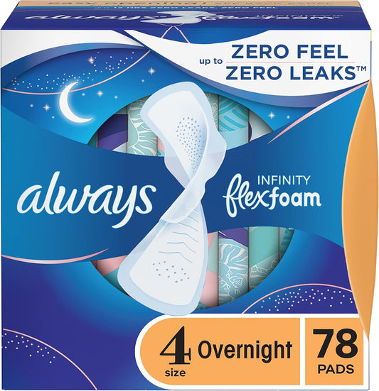 Always Infinity Feminine Pads For Women, Size 4 Overnight Absorbency, Multipack, With Flexfoam, With Wings, Unscented, 26 Count x 3 Packs (78 Count total