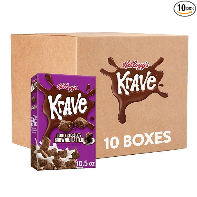 Kellogg's Krave Cold Breakfast Cereal, Kids Snacks, Double Chocolate, Brownie Batter, 6.5lb (10 Boxes)