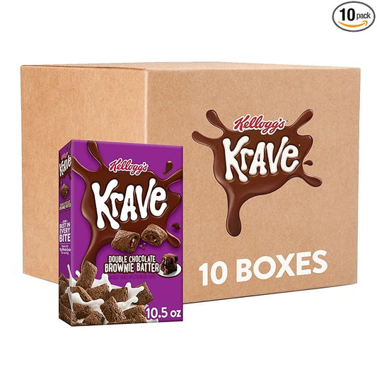 Kellogg's Krave Cold Breakfast Cereal, Kids Snacks, Double Chocolate, Brownie Batter, 6.5lb (10 Boxes)