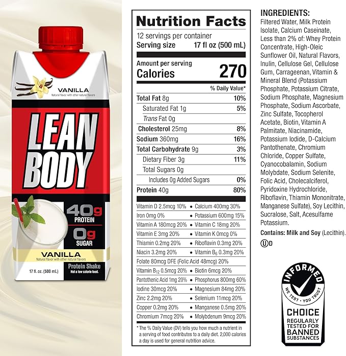 Labrada Lean Body Ready-to-Drink Vanilla Protein Shake,40g Protein,Whey Blend,0 Sugar,Gluten Free,22 Vitamins & Minerals,17 Fl Oz (Pack of 12) LABRADA