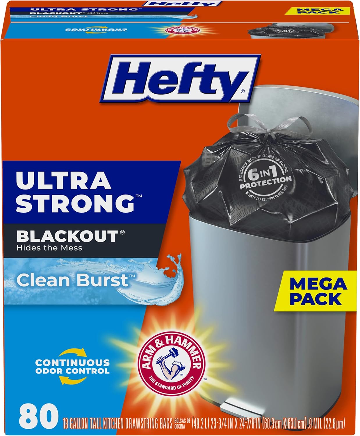 Hefty Ultra Strong Tall Kitchen Trash Bags, Blackout, Clean Burst, 13 Gallon, 80 Count
