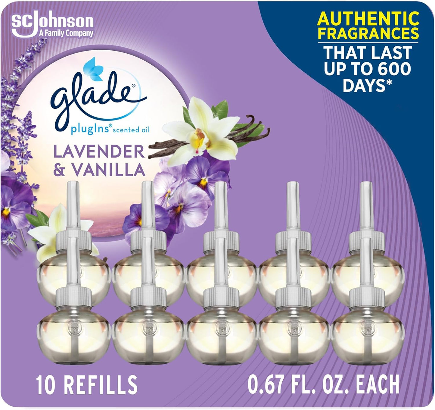 Glade PlugIns Refills Air Freshener, Scented and Essential Oils for Home and Bathroom, Lavender & Vanilla, 6.7 Fl Oz, 10 Count (Packaging May Vary)