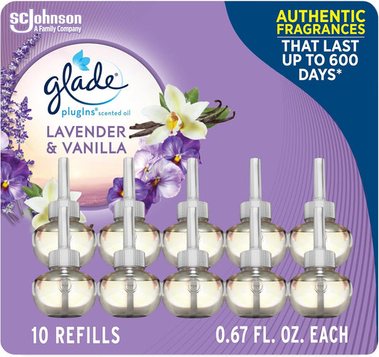 Glade PlugIns Refills Air Freshener, Scented and Essential Oils for Home and Bathroom, Lavender & Vanilla, 6.7 Fl Oz, 10 Count (Packaging May Vary)