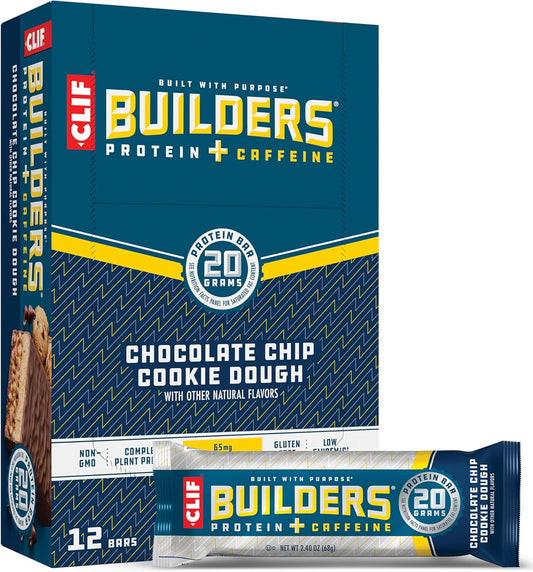 CLIF Builders + Caffeine - Chocolate Chip Cookie Dough Flavor - Protein Bars - Gluten-Free - Non-GMO - Low Glycemic - 20g Protein - 2.4
