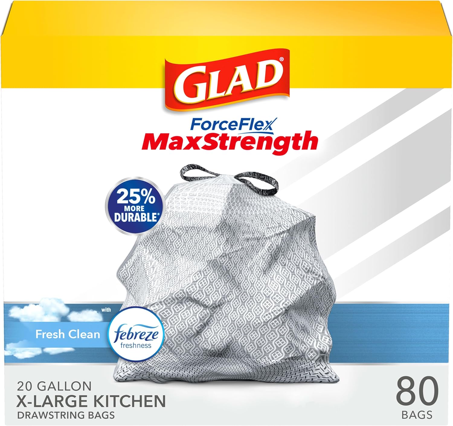 Glad Trash Bags, ForceFlexPlus XL X-Large Kitchen Drawstring Garbage Bags - 20 Gallon Grey Trash Bag, Fresh Clean with Febreze Freshness 80 Count (Package...