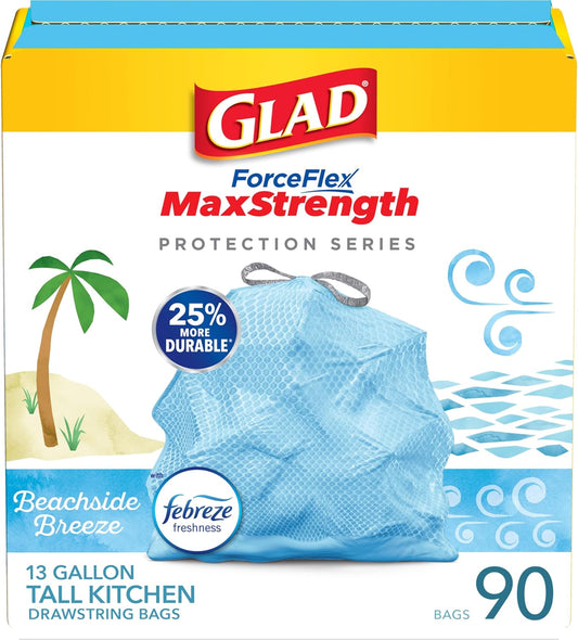 Glad ForceFlex MaxStrength Tall Kitchen Trash Bags, 13 Gal, Beachside Breeze, 90 Ct, Pack May Vary