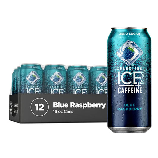 Sparkling Ice +Caffeine Blue Raspberry Sparkling Water, with Antioxidants and Vitamins, Zero Sugar, 16 Fl Oz (Pack of 12)