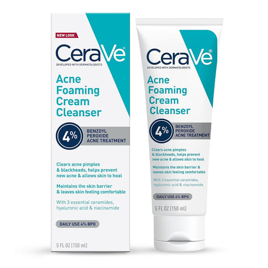 CeraVe Acne Foaming Cream Cleanser | Acne Treatment Face Wash with 4% Benzoyl Peroxide, Hyaluronic Acid, and Niacinamide | Cream to Foam Formula | Fragrance...