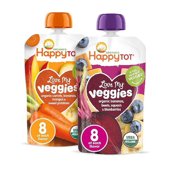 HAPPYTOT Organics Stage 4 Baby Food Pouches, Gluten Free, Vegan Snack, Love My Veggies, Fruit & Veggie Puree, Variety Pack, 4.22 Ounce (Pack of 16)