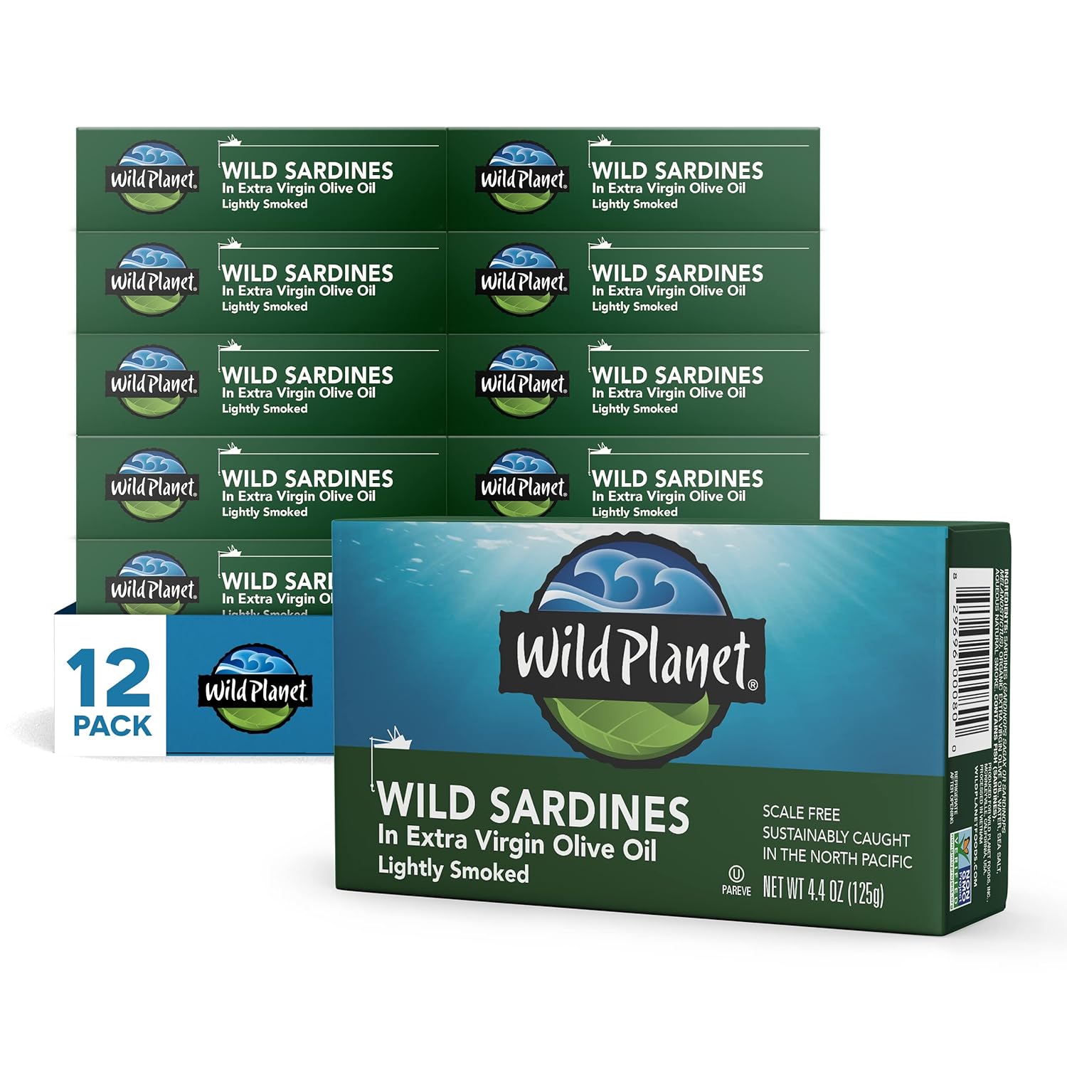Wild Planet Wild Sardines in Extra Virgin Olive Oil, Lightly Smoked, Tinned Fish, Sustainably Wild-Caught, Non-GMO, Kosher, Gluten Free, 4.4. Ounce (Pack of 12)