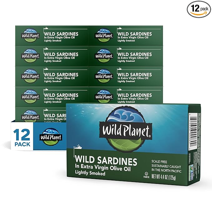 Wild Planet Wild Sardines in Extra Virgin Olive Oil, Lightly Smoked, Tinned Fish, Sustainably Wild-Caught, Non-GMO, Kosher, Gluten Free, 4.4. Ounce (Pack of 12)