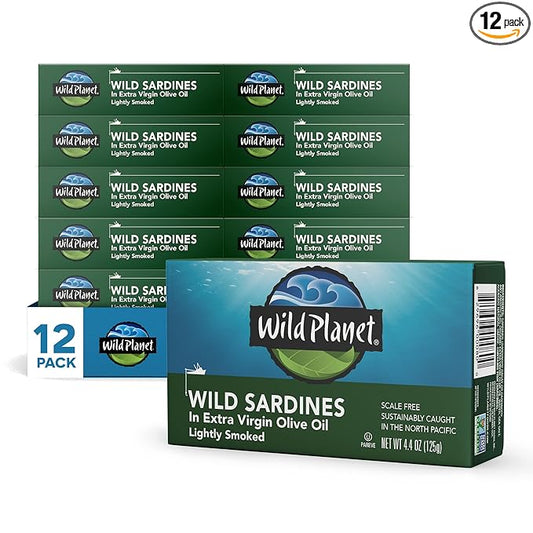 Wild Planet Wild Sardines in Extra Virgin Olive Oil, Lightly Smoked, Tinned Fish, Sustainably Wild-Caught, Non-GMO, Kosher, Gluten Free, 4.4. Ounce (Pack of 12)