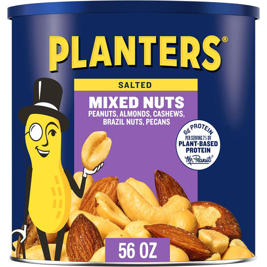 PLANTERS Salted Mixed Nuts, Peanuts, Almonds, Cashews, Brazil Nuts and Pecans, Party Snack, Plant-Based Protein, Quick Snack for Adults, After School Snack,...