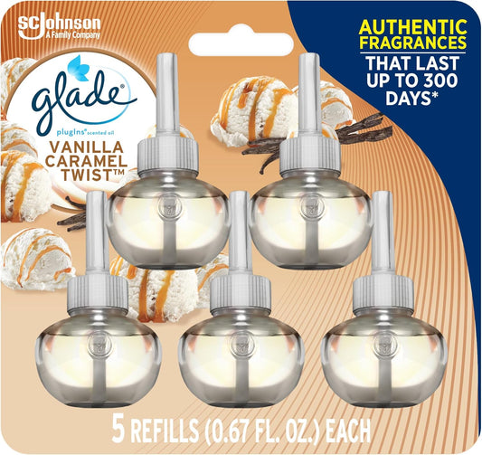Glade PlugIns Refills Air Freshener, Scented and Essential Oils for Home and Bathroom, Vanilla Caramel Twist, 3.35 Fl Oz, 5 Count (Pack of 1)