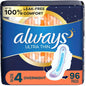 Always Ultra Thin Overnight Pads with Wings, Size 4, Overnight, 96 Count