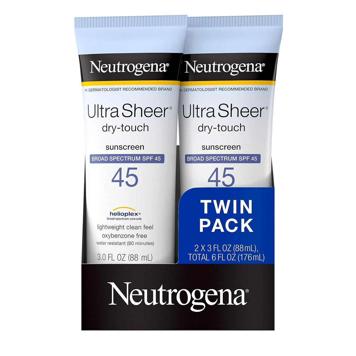 Neutrogena Ultra Sheer Dry-Touch Water Resistant and Non-Greasy Sunscreen Lotion with Broad Spectrum SPF 45, TSA-Compliant travel Size, 3 Fl Oz, Pack of 2,...